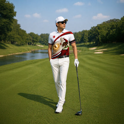 California Bear Golfer Custom Name Polo White Red Gold