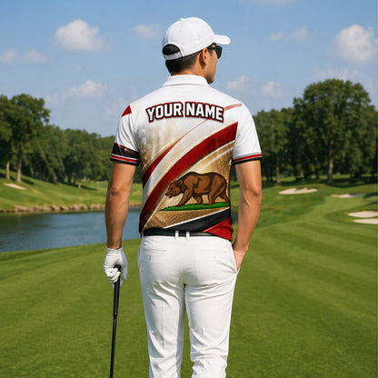 California Bear Golfer Custom Name Polo White Red Gold