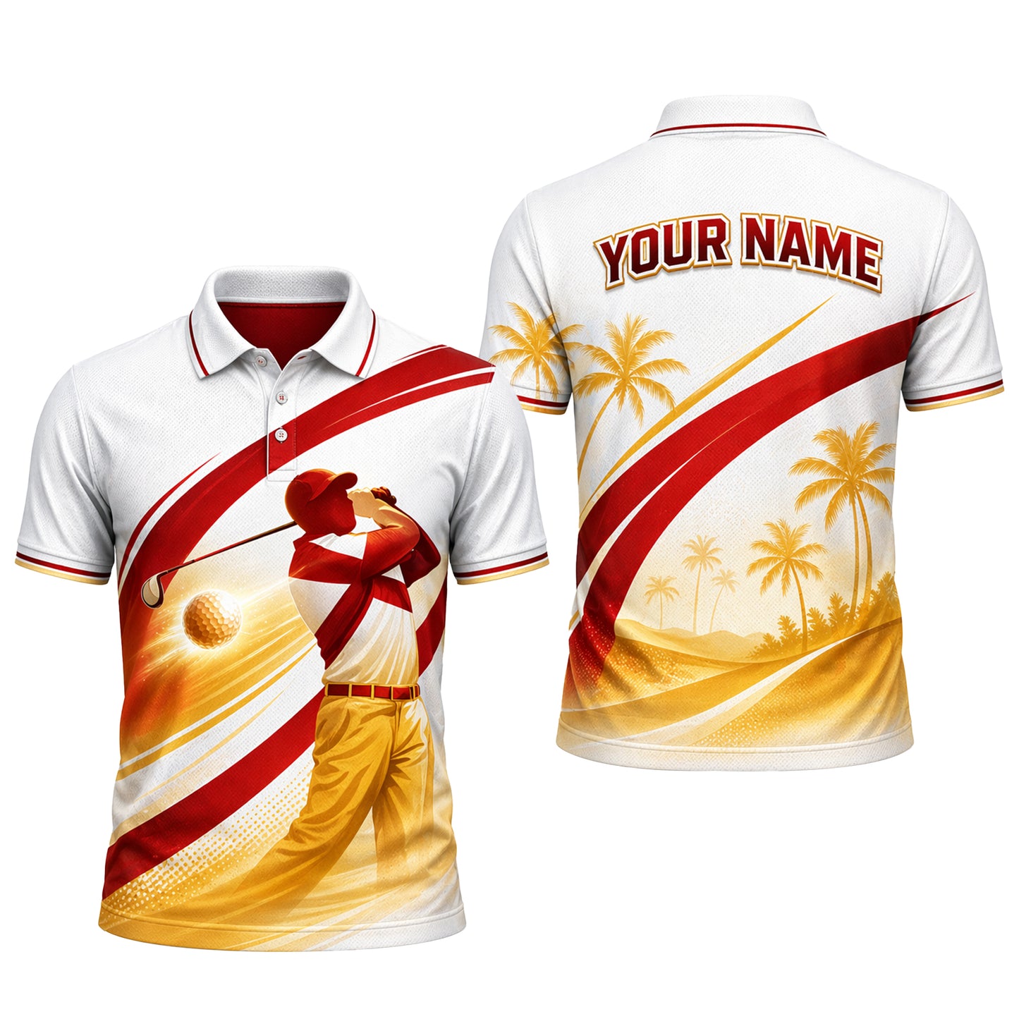 Custom Name Florida Golfer Tropical Palm Polo White Red