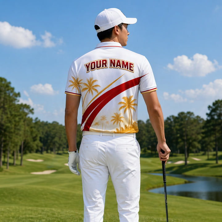 Custom Name Florida Golfer Tropical Palm Polo White Red