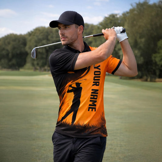 Golf Polo Shirt Custom Name Personalized Golfer Silhouette Performance Polo Shirt for Men Black