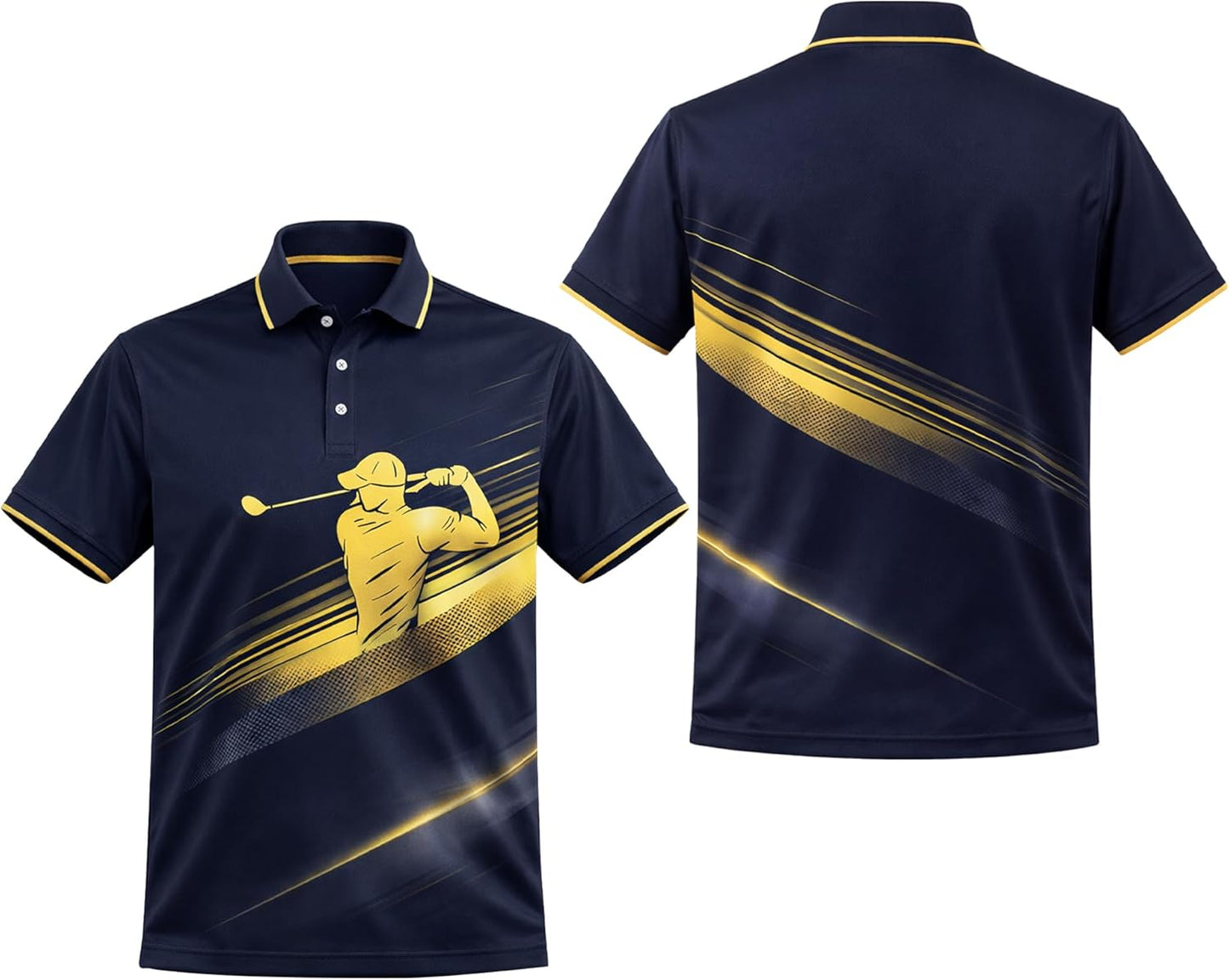 Golf Polo Shirt Performance Men Navy Gold Golfer Swing Graphic Breathable Athletic Shirt