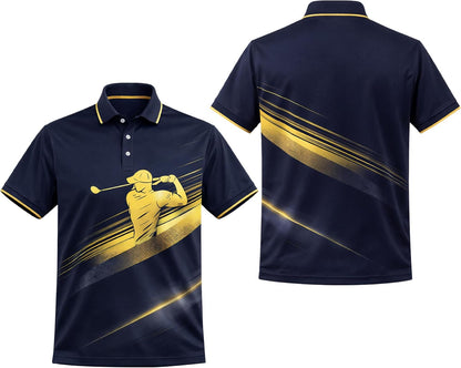 Golf Polo Shirt Performance Men Navy Gold Golfer Swing Graphic Breathable Athletic Shirt