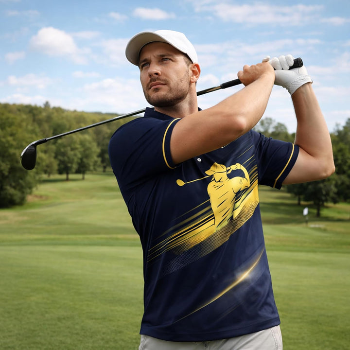 Golf Polo Shirt Performance Men Navy Gold Golfer Swing Graphic Breathable Athletic Shirt