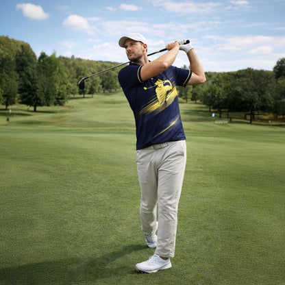 Golf Polo Shirt Performance Men Navy Gold Golfer Swing Graphic Breathable Athletic Shirt