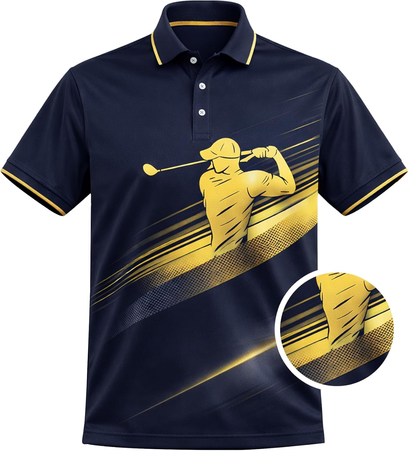 Golf Polo Shirt Performance Men Navy Gold Golfer Swing Graphic Breathable Athletic Shirt