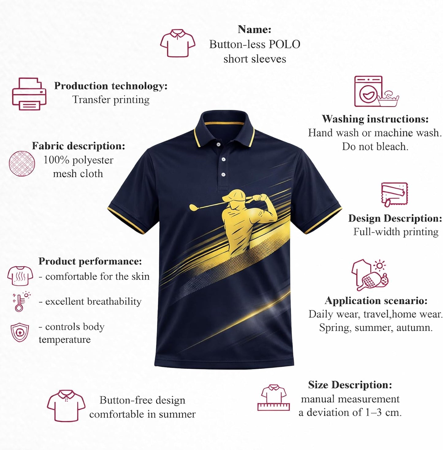 Golf Polo Shirt Performance Men Navy Gold Golfer Swing Graphic Breathable Athletic Shirt