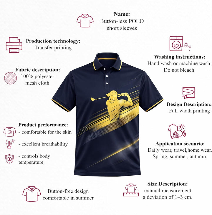 Golf Polo Shirt Performance Men Navy Gold Golfer Swing Graphic Breathable Athletic Shirt