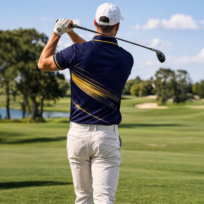 Golf Polo Shirt Performance Men Navy Gold Golfer Swing Graphic Breathable Athletic Shirt