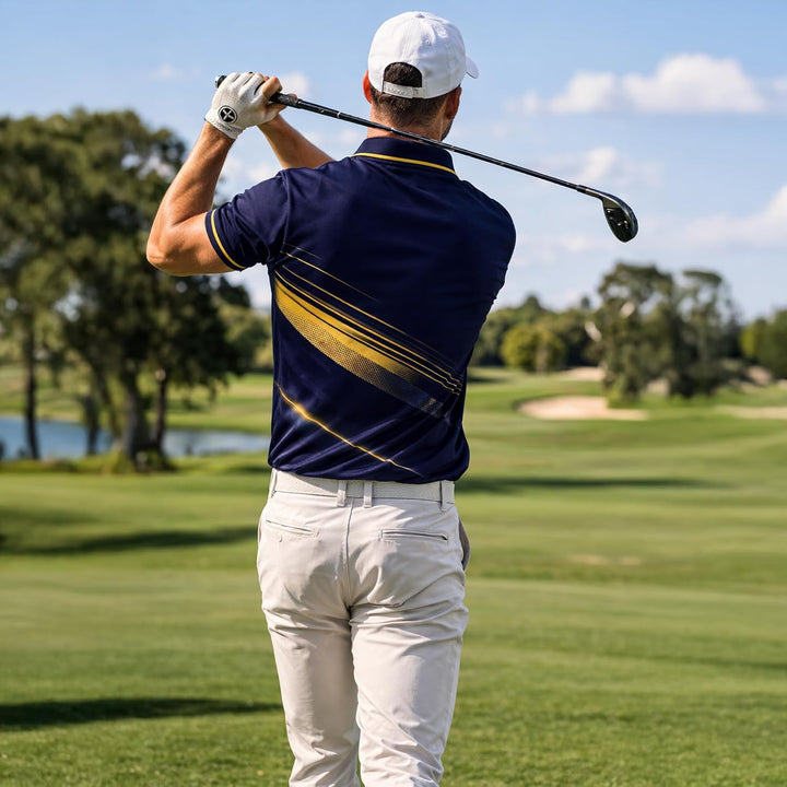 Golf Polo Shirt Performance Men Navy Gold Golfer Swing Graphic Breathable Athletic Shirt
