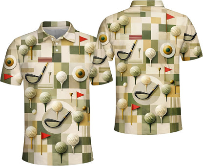 Golf Polo Shirt Vintage Golf Pattern All Over Print Golf Ball Club Flag Performance Polo Shirt