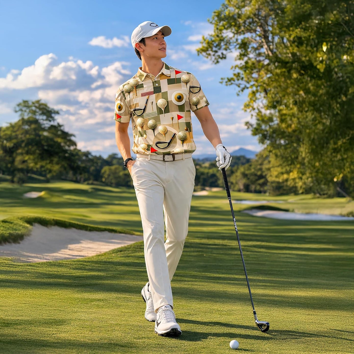 Golf Polo Shirt Vintage Golf Pattern All Over Print Golf Ball Club Flag Performance Polo Shirt