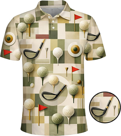 Golf Polo Shirt Vintage Golf Pattern All Over Print Golf Ball Club Flag Performance Polo Shirt