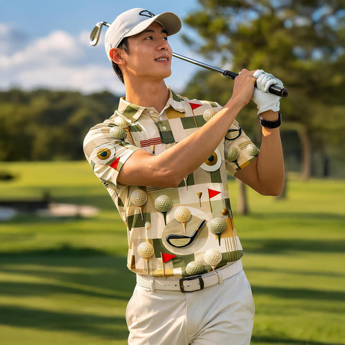 Golf Polo Shirt Vintage Golf Pattern All Over Print Golf Ball Club Flag Performance Polo Shirt