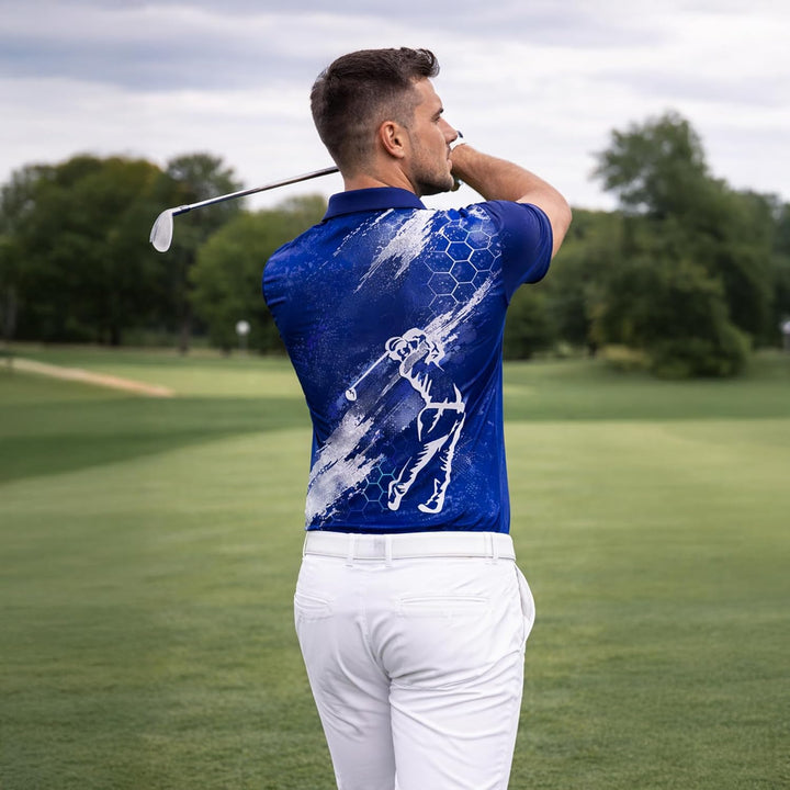 Golf Swing Performance Polo Shirt Blue Golf Polo Shirt Men Breathable Golf Shirt
