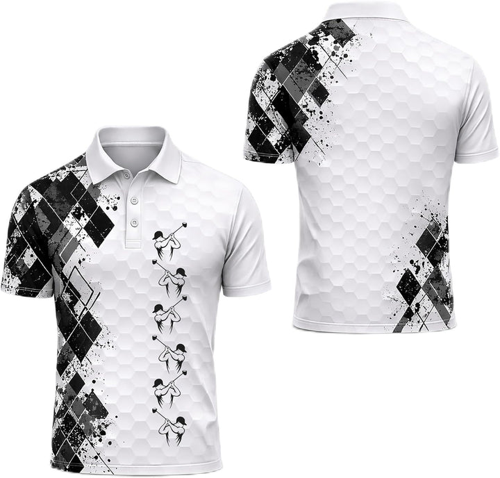 Golf Swing Performance Polo Shirt White Black Modern Golfer Polo Athletic Golf Shirt for Men