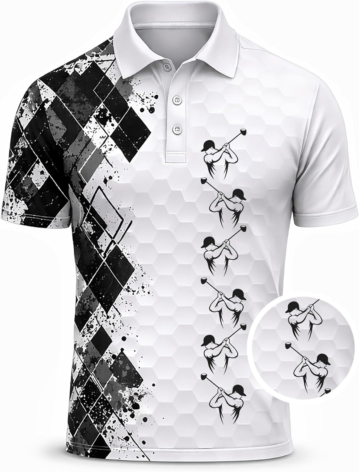 Golf Swing Performance Polo Shirt White Black Modern Golfer Polo Athletic Golf Shirt for Men