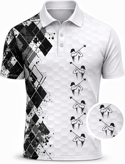 Golf Swing Performance Polo Shirt White Black Modern Golfer Polo Athletic Golf Shirt for Men