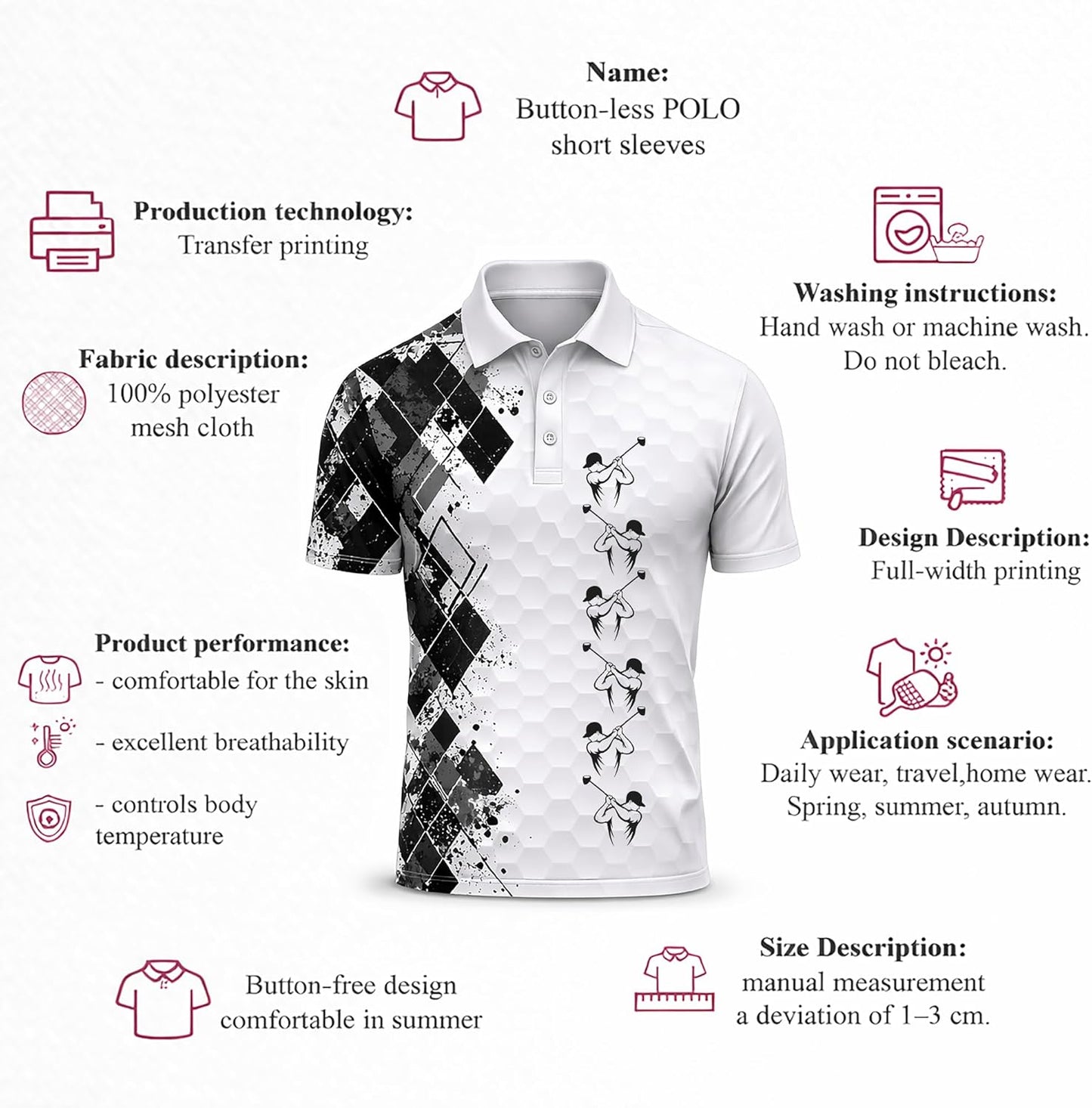 Golf Swing Performance Polo Shirt White Black Modern Golfer Polo Athletic Golf Shirt for Men