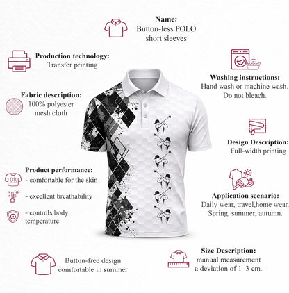 Golf Swing Performance Polo Shirt White Black Modern Golfer Polo Athletic Golf Shirt for Men
