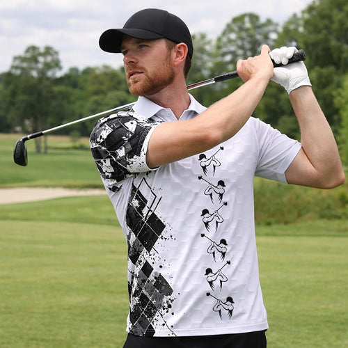 Golf Swing Performance Polo Shirt White Black Modern Golfer Polo Athletic Golf Shirt for Men