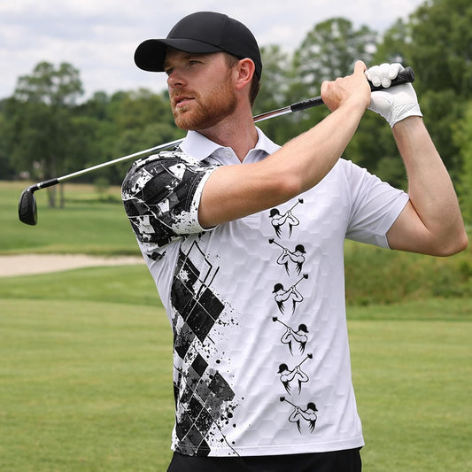 Golf Swing Performance Polo Shirt White Black Modern Golfer Polo Athletic Golf Shirt for Men
