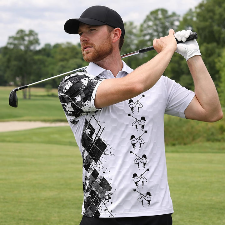 Golf Swing Performance Polo Shirt White Black Modern Golfer Polo Athletic Golf Shirt for Men