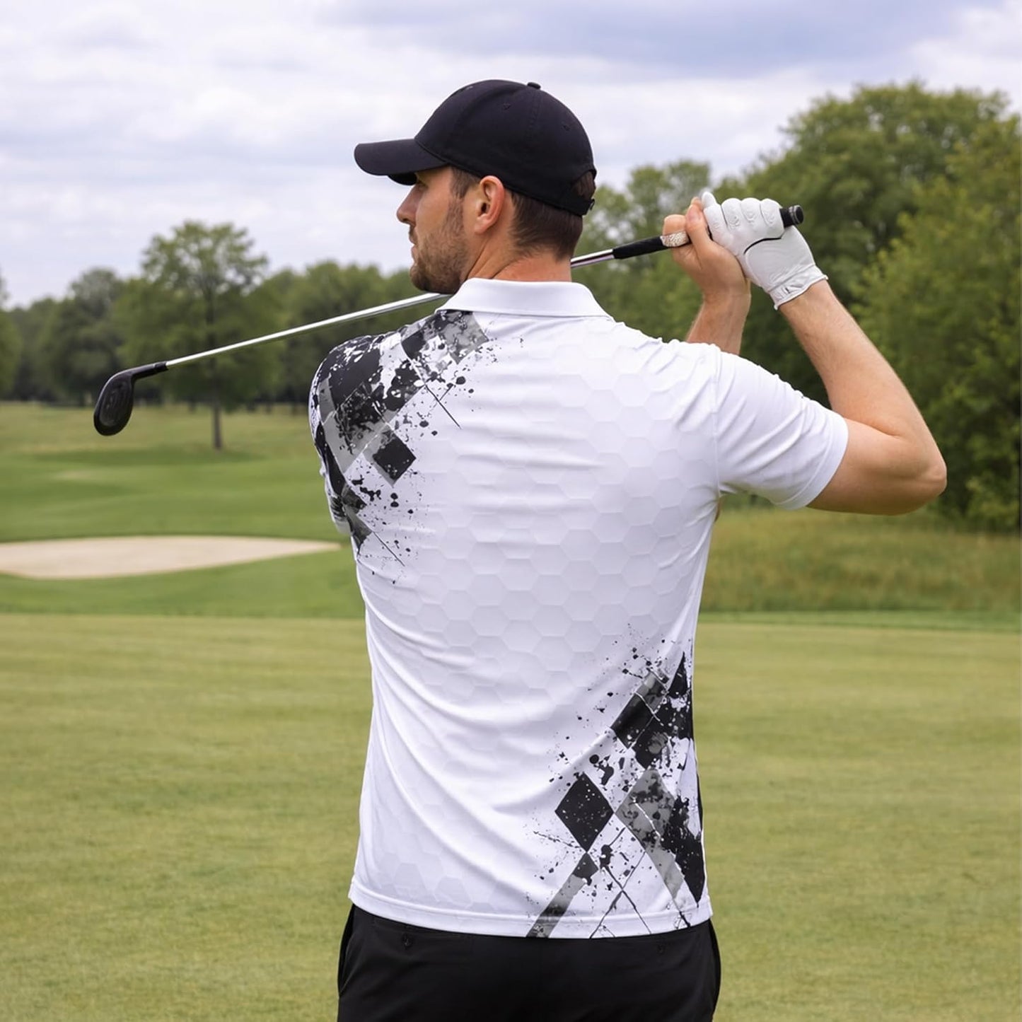 Golf Swing Performance Polo Shirt White Black Modern Golfer Polo Athletic Golf Shirt for Men