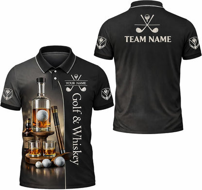 Golf & Whiskey Polo Shirt Custom Name Golf Polo Shirt Men Funny Golf Drinking Shirt Performance Golf Shirt Black