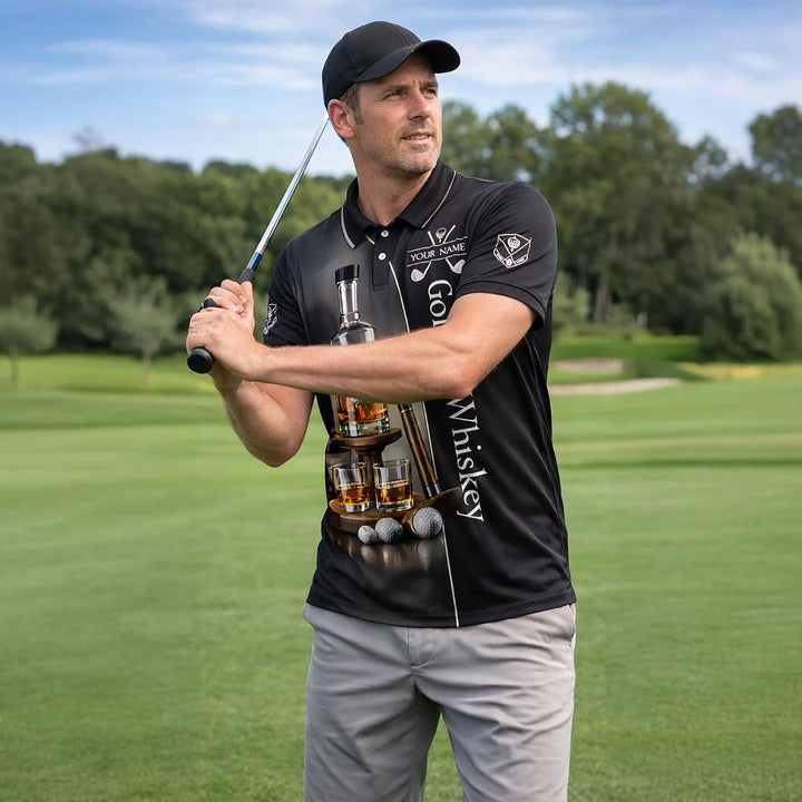 Golf & Whiskey Polo Shirt Custom Name Golf Polo Shirt Men Funny Golf Drinking Shirt Performance Golf Shirt Black