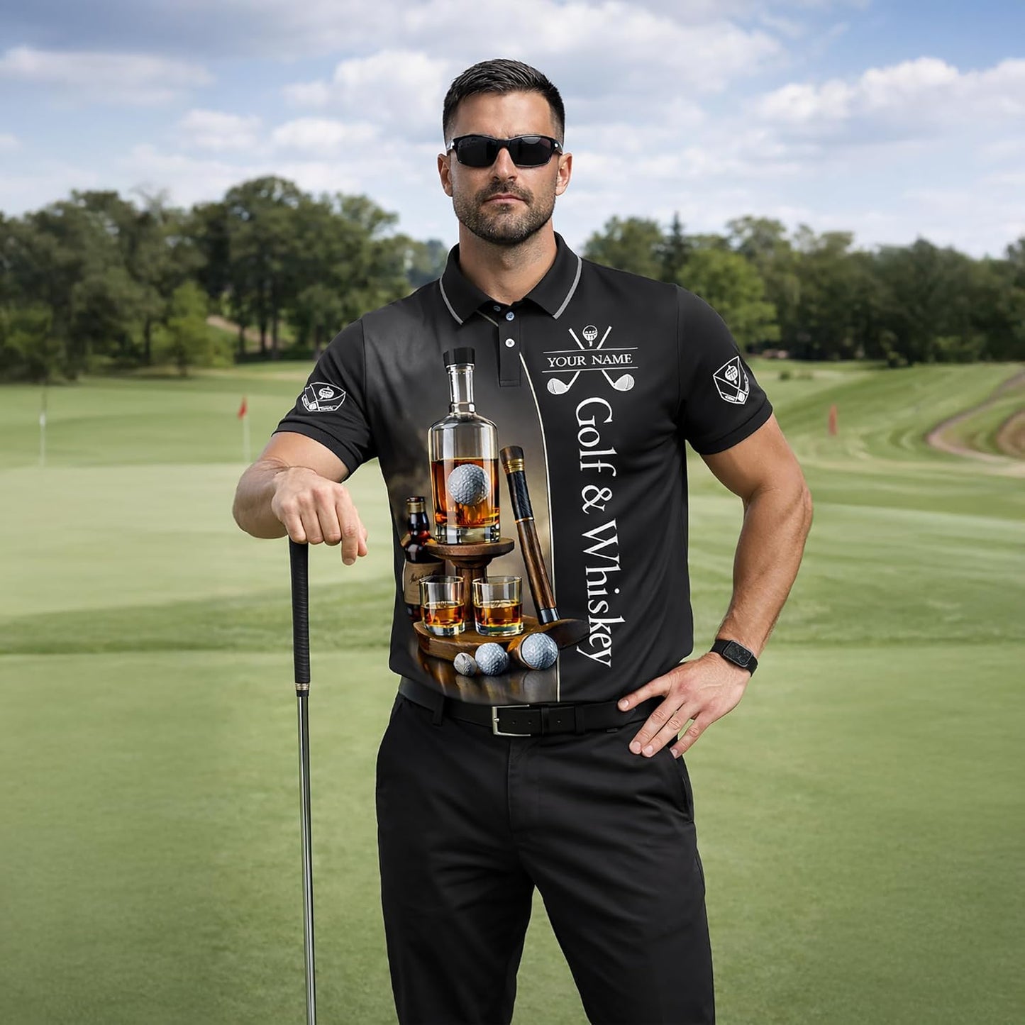 Golf & Whiskey Polo Shirt Custom Name Golf Polo Shirt Men Funny Golf Drinking Shirt Performance Golf Shirt Black