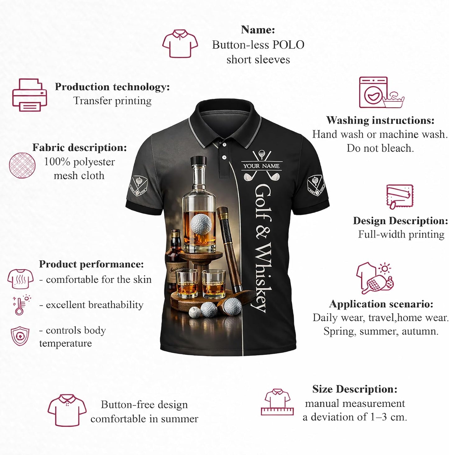 Golf & Whiskey Polo Shirt Custom Name Golf Polo Shirt Men Funny Golf Drinking Shirt Performance Golf Shirt Black