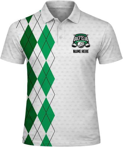 Green Argyle Golf Polo Shirt for Men Women Performance Short Sleeve Custom Club Team Shirt
