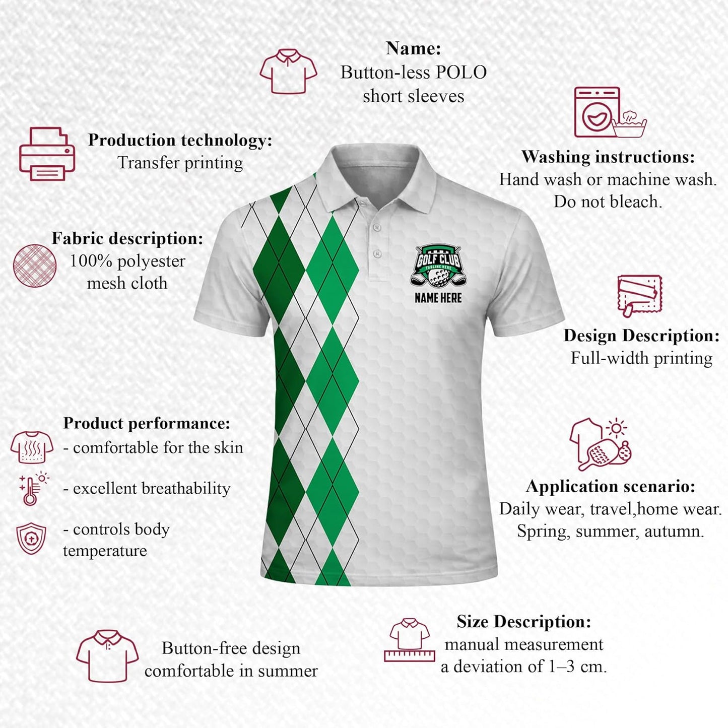 Green Argyle Golf Polo Shirt for Men Women Performance Short Sleeve Custom Club Team Shirt