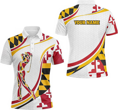 Maryland Flag Golf Polo Shirt Custom Name Maryland Golfer Graphic Performance Golf Shirt
