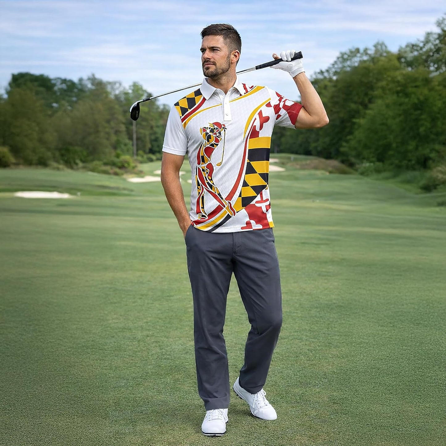 Maryland Flag Golf Polo Shirt Custom Name Maryland Golfer Graphic Performance Golf Shirt