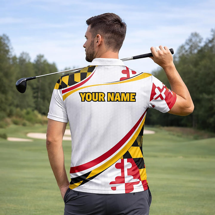 Maryland Flag Golf Polo Shirt Custom Name Maryland Golfer Graphic Performance Golf Shirt