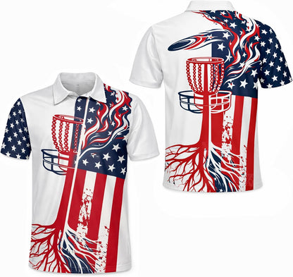 Patriotic Disc Golf Polo Shirt American Flag Disc Golf Basket Performance Polo Shirt
