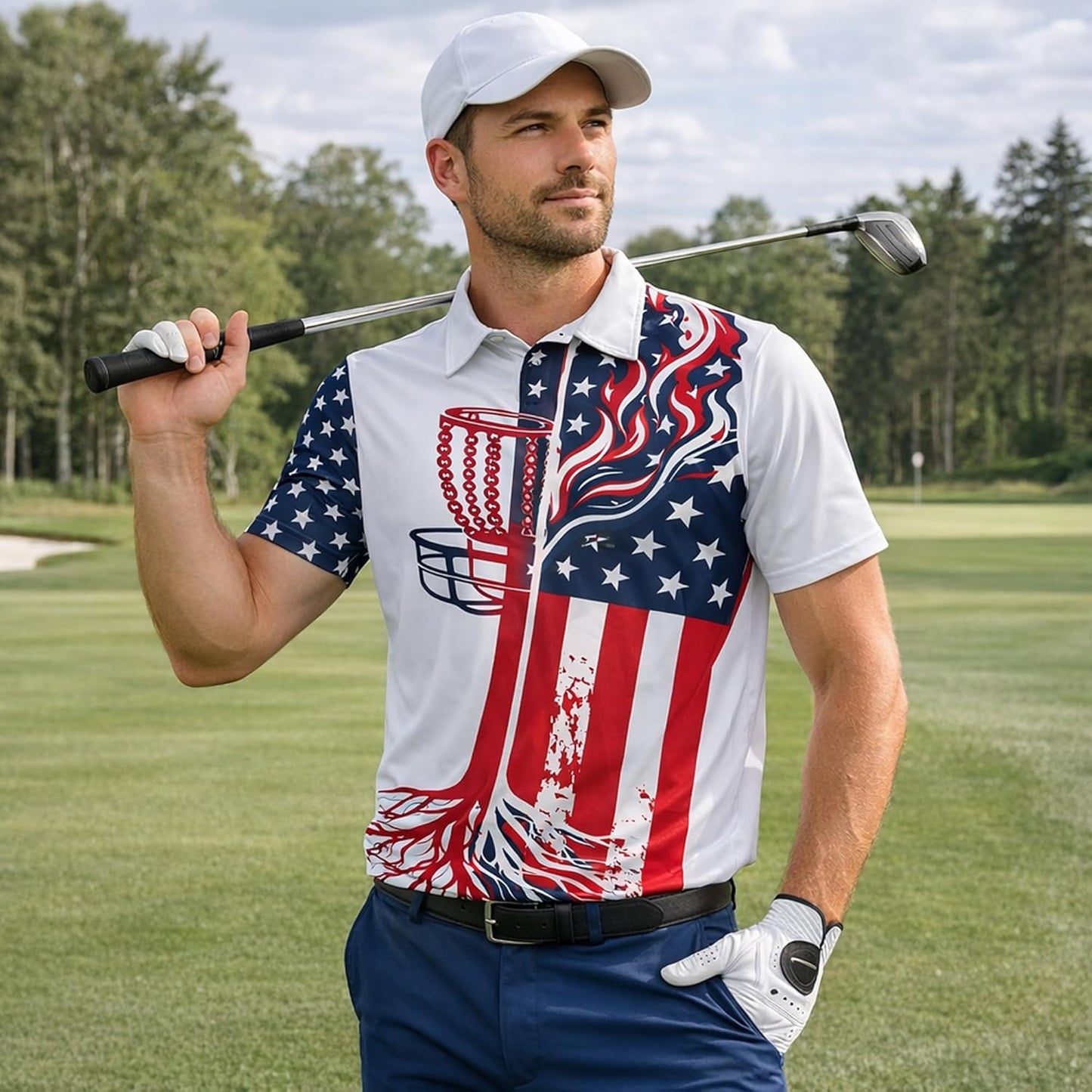 Patriotic Disc Golf Polo Shirt American Flag Disc Golf Basket Performance Polo Shirt