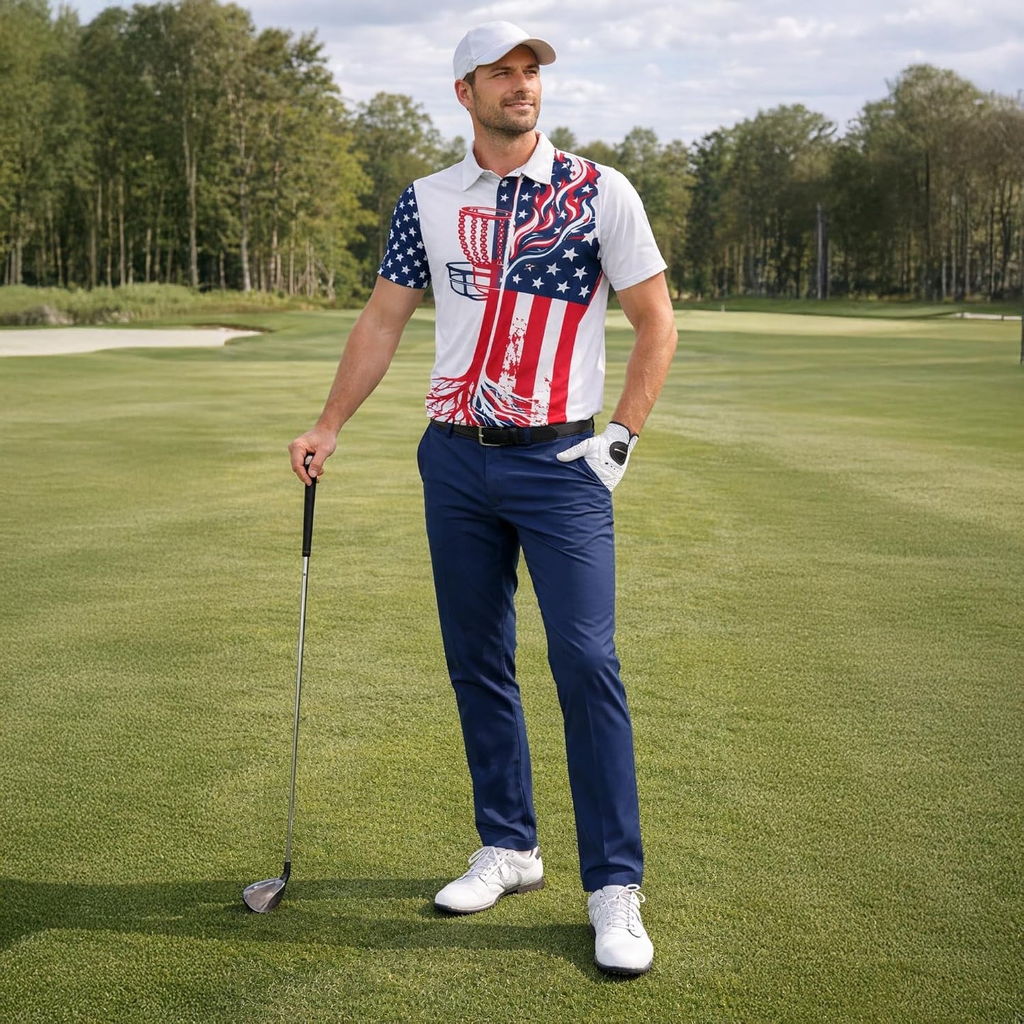 Patriotic Disc Golf Polo Shirt American Flag Disc Golf Basket Performance Polo Shirt