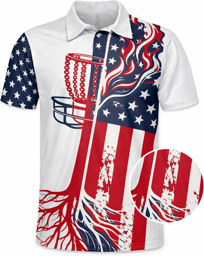 Patriotic Disc Golf Polo Shirt American Flag Disc Golf Basket Performance Polo Shirt