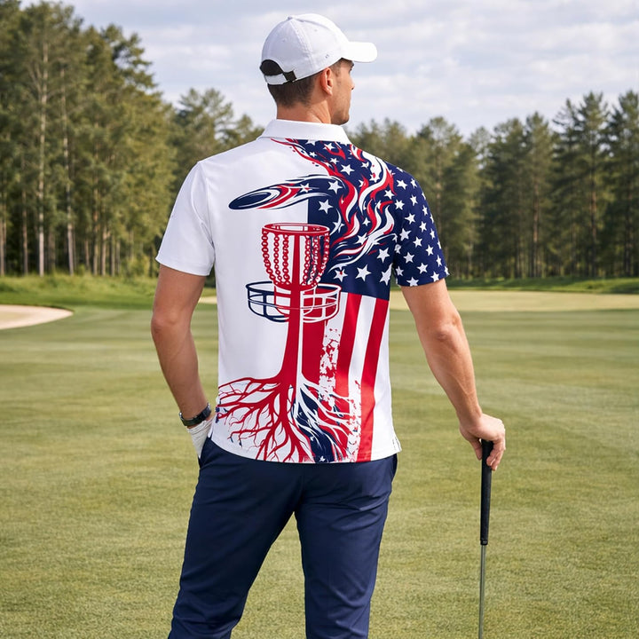 Patriotic Disc Golf Polo Shirt American Flag Disc Golf Basket Performance Polo Shirt