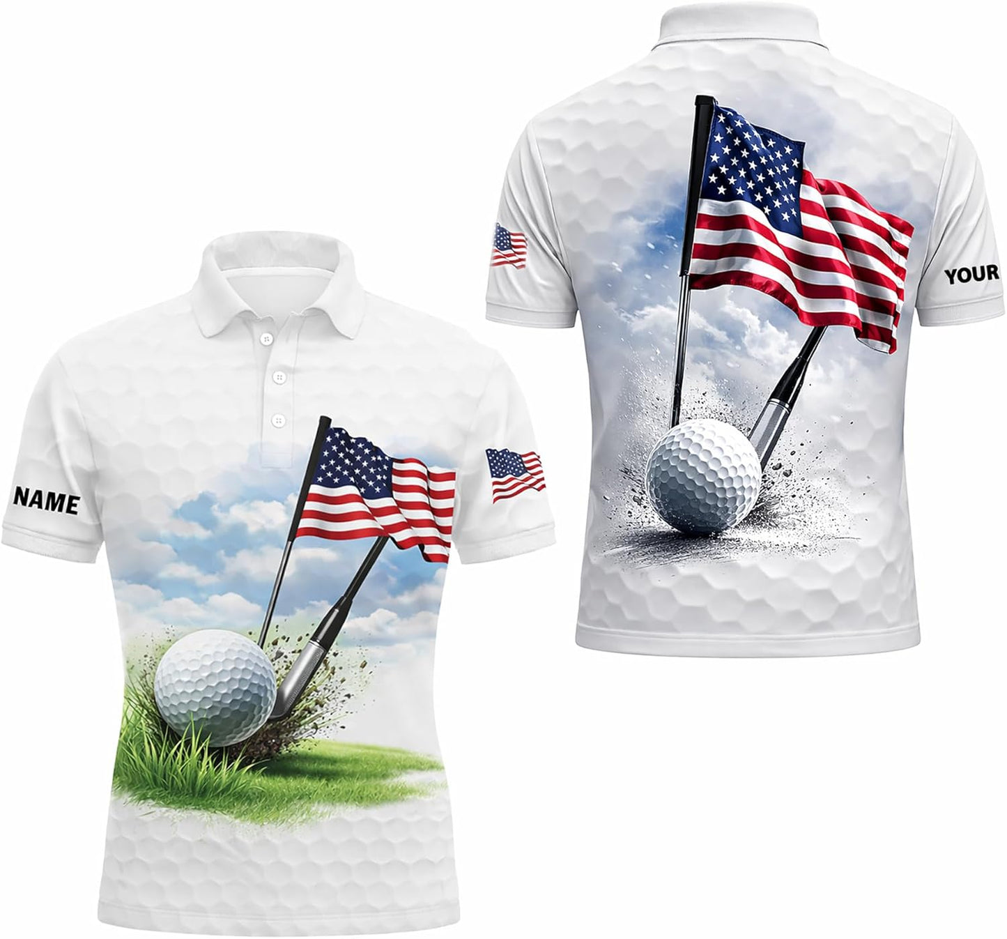 Patriotic Golf Polo Shirt Custom Name American Flag Golf Ball Performance Golf Shirt USA Golf Apparel