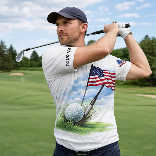 Patriotic Golf Polo Shirt Custom Name American Flag Golf Ball Performance Golf Shirt USA Golf Apparel