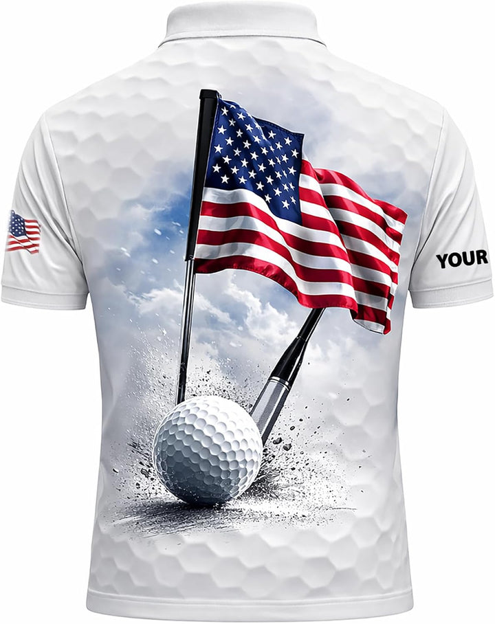 Patriotic Golf Polo Shirt Custom Name American Flag Golf Ball Performance Golf Shirt USA Golf Apparel