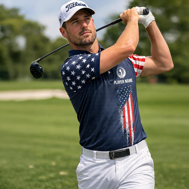 Patriotic Golf Polo Shirt Custom Name Team Golf Shirt American Flag Golfer Polo Performance Golf Apparel