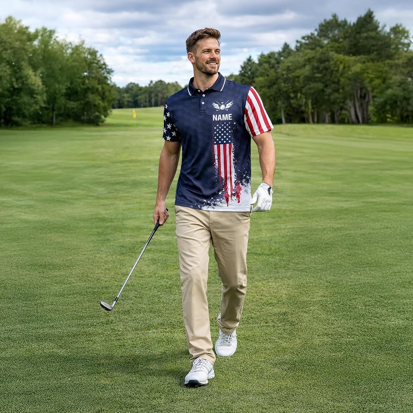 Patriotic Golf Polo Shirt Custom Name USA Flag Golf Club Graphic Performance Golf Shirt Men