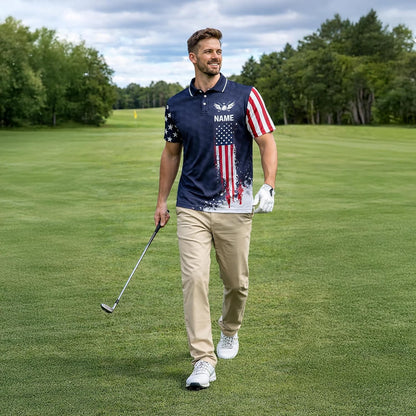 Patriotic Golf Polo Shirt Custom Name USA Flag Golf Club Graphic Performance Golf Shirt Men