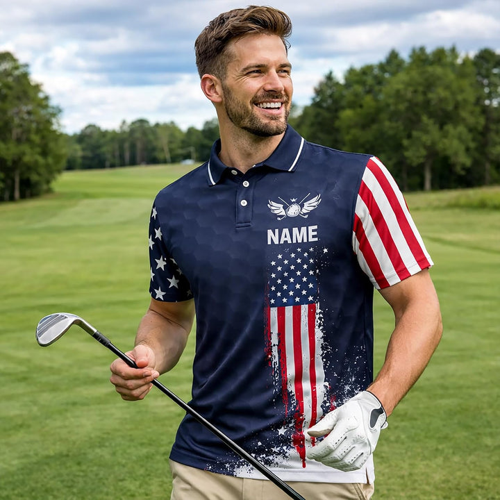 Patriotic Golf Polo Shirt Custom Name USA Flag Golf Club Graphic Performance Golf Shirt Men