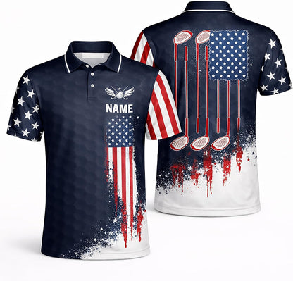 Patriotic Golf Polo Shirt Custom Name USA Flag Golf Club Graphic Performance Golf Shirt Men